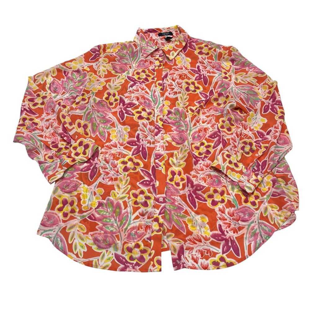Chaps Top Orange Floral Chiffon Button Down Blouse 2X Semi Sheer Office Casual